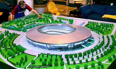 A model of new UEFA-standard stadium soon to be completed in the east Ukrainian city Donetsk, one of the expected host cities for Euro 2012. Photograph: Photomig/EPA